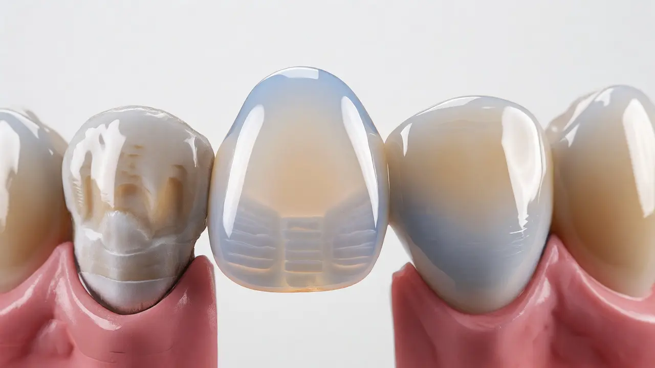 Keramická náplast (veneers) vedle modelu zubů pro estetickou opravu