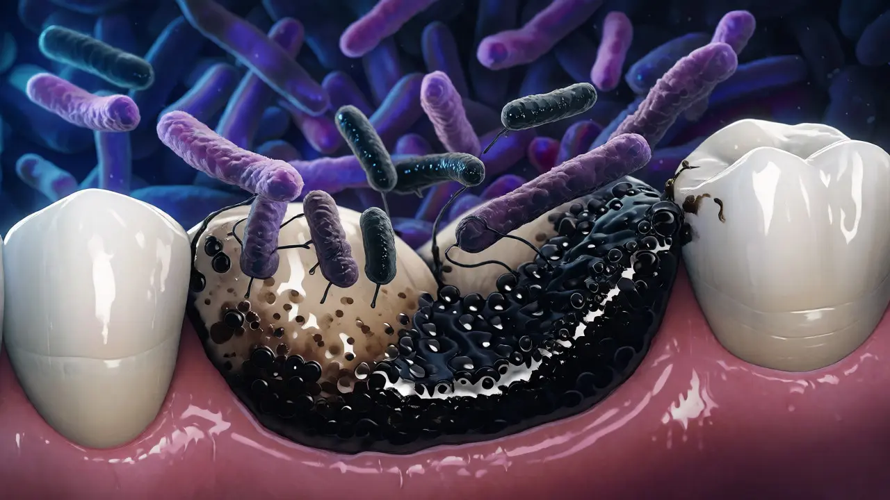 Mikroskopický pohled na chromogenní bakterie tvořící černý zubní kámen.