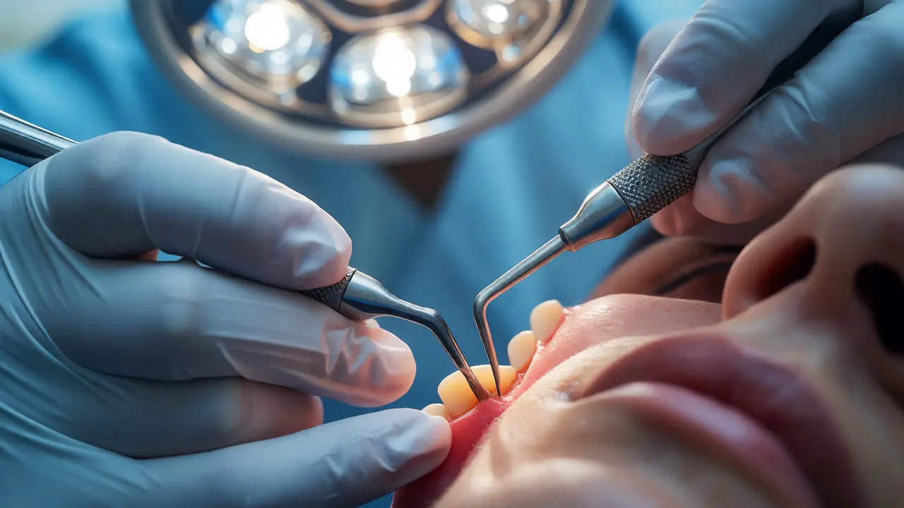 Moderní stomatologie: Dentista provádí kyretáž dásňových kapes