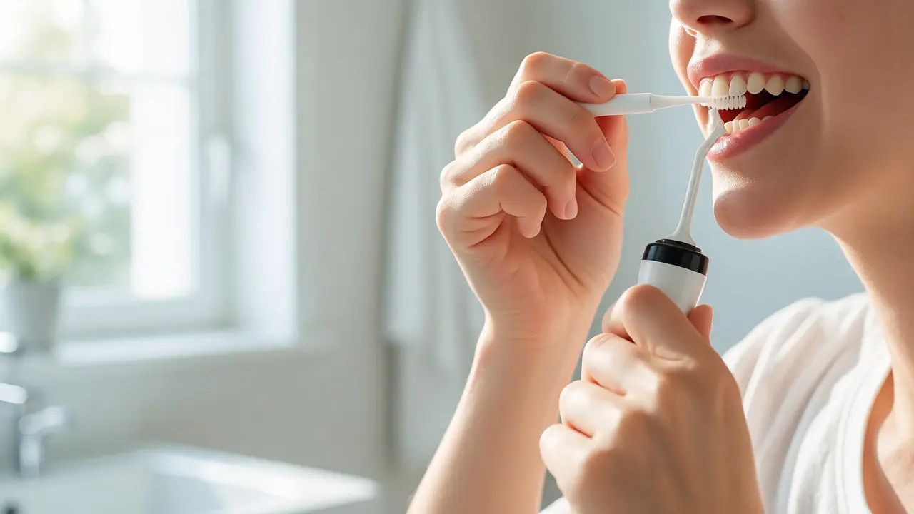Osoba provádí důkladnou ústní hygienu mezizubním kartáčkem